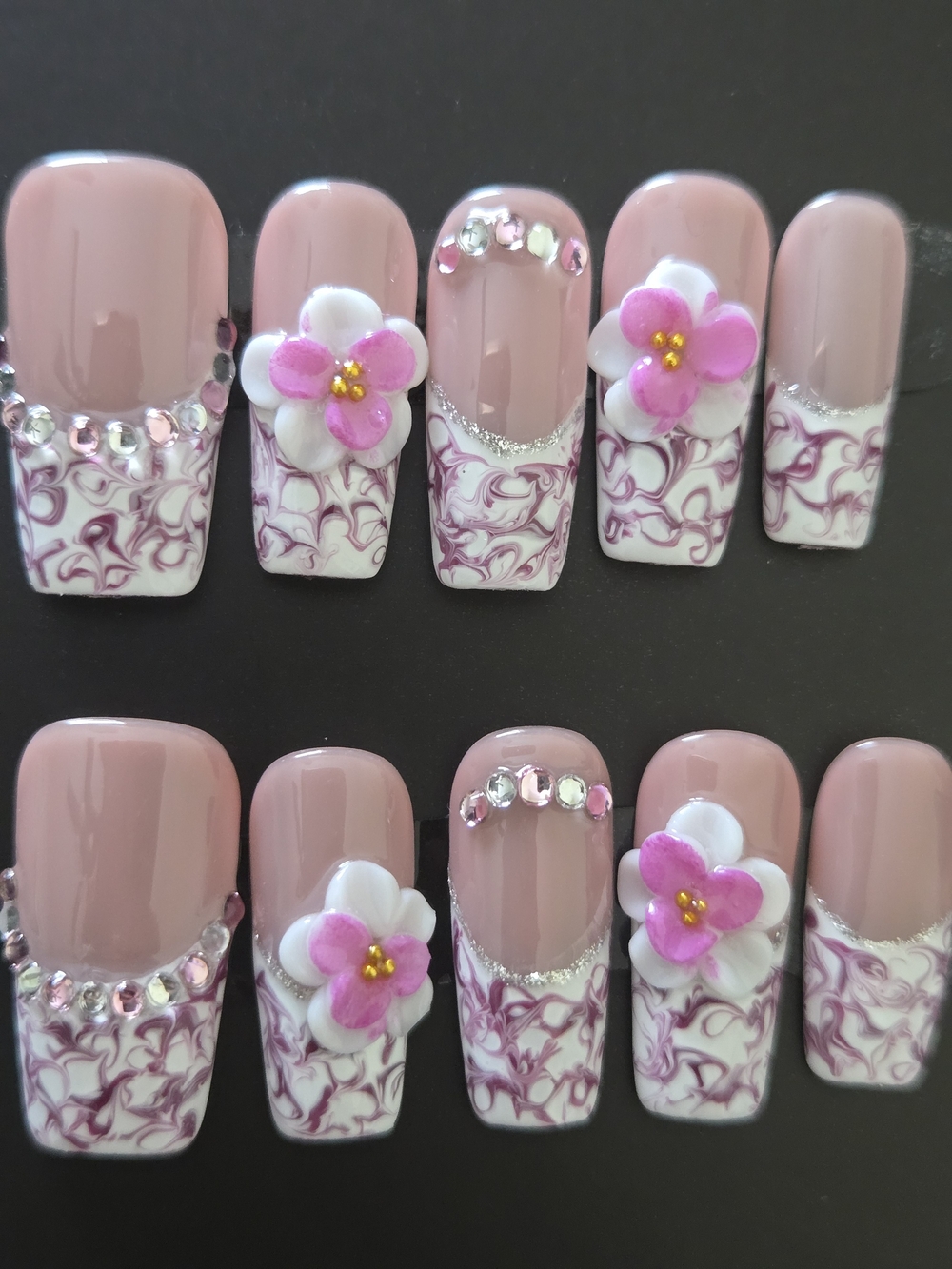 Hand Crafted Blush Pink Floral 3D Rhinestone Press-On Nails